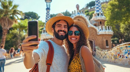 Travel couple happy making selfie portrait with smartphone in Park Guell, Barcelona, Spain. Generative Ai content.