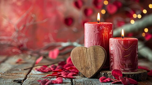 Two red candles are burning brightly on a rustic wooden table surrounded by red rose petals and a wooden heart