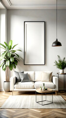Home Vertical black frame mockup mockup, white luxury minimalist living room interior, 3d render