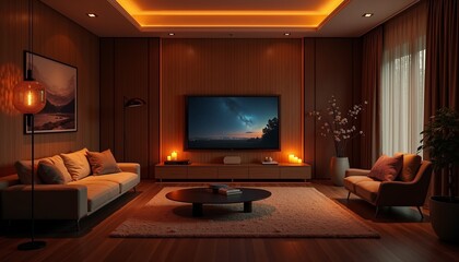 Cozy modern living room featuring TV under warm ambient lighting in stylish residential interior