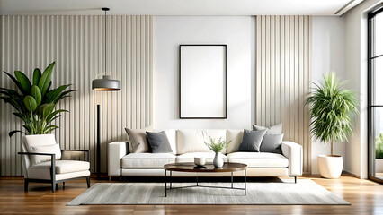 Fototapeta premium Home Vertical black frame mockup mockup, white luxury minimalist living room interior, 3d render