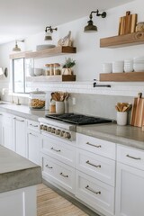 Modern kitchen with white cabinets, open shelving, and stainless steel appliances in a bright space