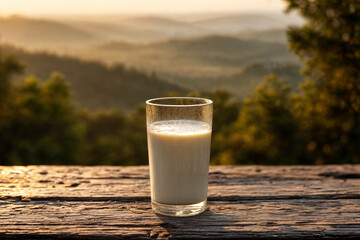 Milk against the mountain landscape at sunrise. Glass of milk on wooden table in the morning