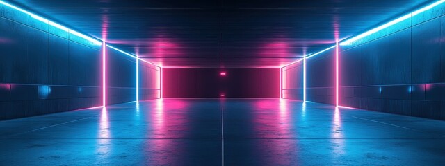 Fototapeta premium Background neon 3d room light dark empty abstract stage floor. Neon wall 3d background space interior modern showroom blue warehouse future technology studio garage render hall tunnel concrete car led