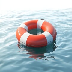 Naklejka premium A bright orange lifebuoy floating calmly on serene water, symbolizing safety and rescue amidst tranquil surroundings, white background