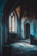 Fototapeta premium An abandoned, dimly lit interior of a gothic-style building. The walls are peeling and stained. Sunlight filters through a large, arched window, casting soft shadows on the floor. 