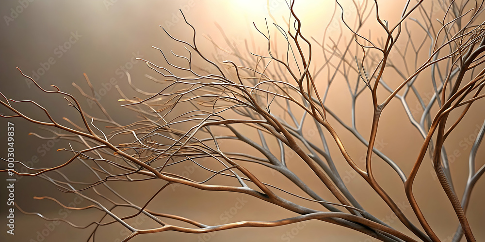 Aufkleber branching out: a captivating abstract image of a bare tree branch, rendered in metallic tones agains