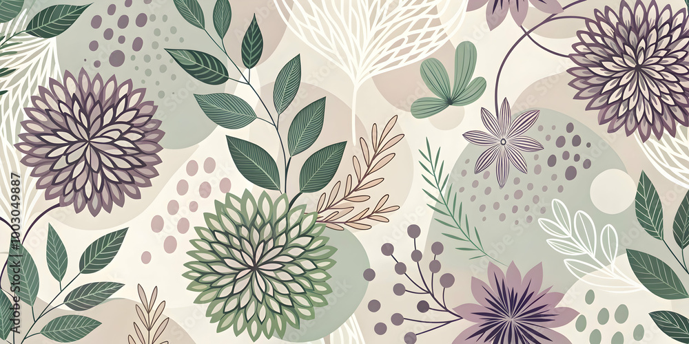 Poster botanical abstract pattern: delicate florals and abstract shapes intertwine in a graceful, muted col