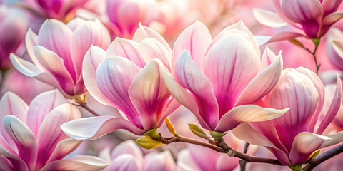 Fototapeta premium Magnolia Blossom: Delicate pink and white magnolia flowers in full bloom, bathed in warm sunlight. The image captures the beauty and fragility of nature, with soft petals and a gentle glow.