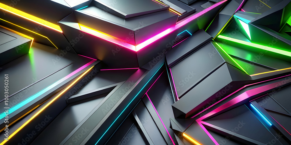 Poster neon geometric abstract: vibrant, multicolored neon lights illuminate a complex arrangement of dark 
