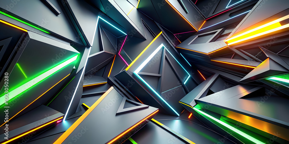 Poster neon abstract geometry: a vibrant and futuristic abstract backdrop of geometric shapes, illuminated 