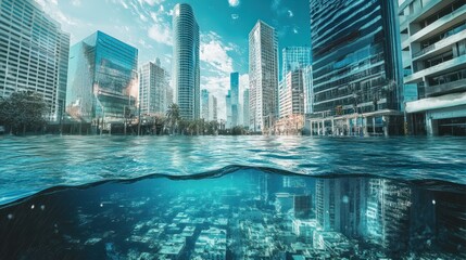 Fototapeta premium A city half-underwater with submerged streets and buildings conceptual illustration of the imminent threat of sea level rise to coastal urban areas.