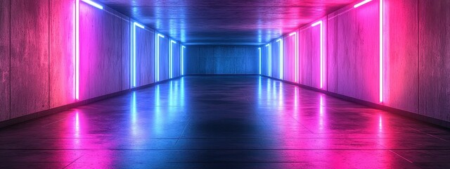 Obraz premium Background neon 3d room light dark empty abstract stage floor. Neon wall 3d background space interior modern showroom blue warehouse future technology studio garage render hall tunnel concrete car led