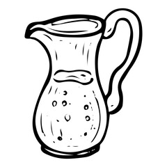 Glass pitcher with lemonade hand drawn doodle. Kitchen appliance with handle for drinks. Decanter of mineral water. Kitchenware. Tableware. Vector sketch line art illustration.