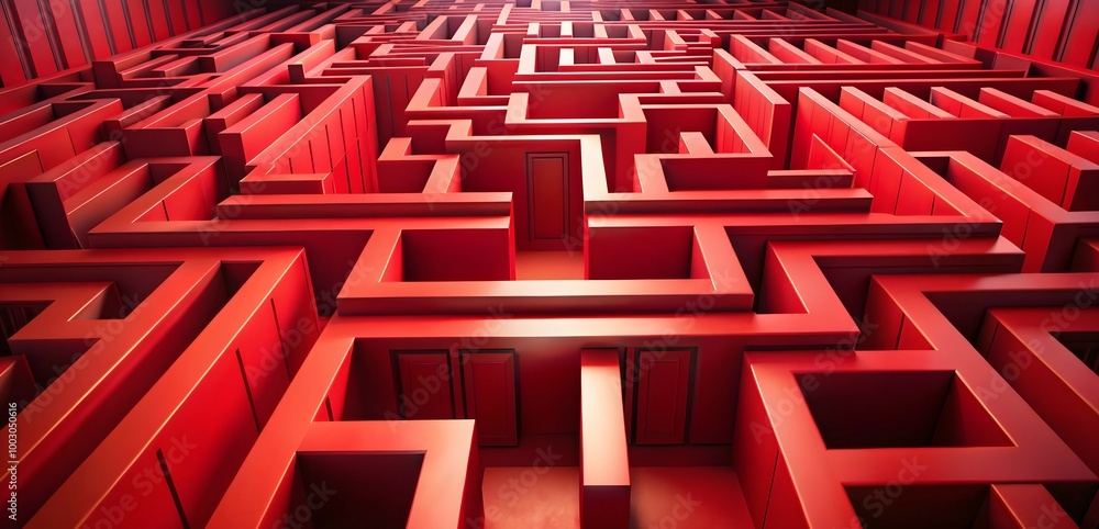 Poster red labyrinth: a complex and intricate red maze with a single, bright opening at the end, symbolizin