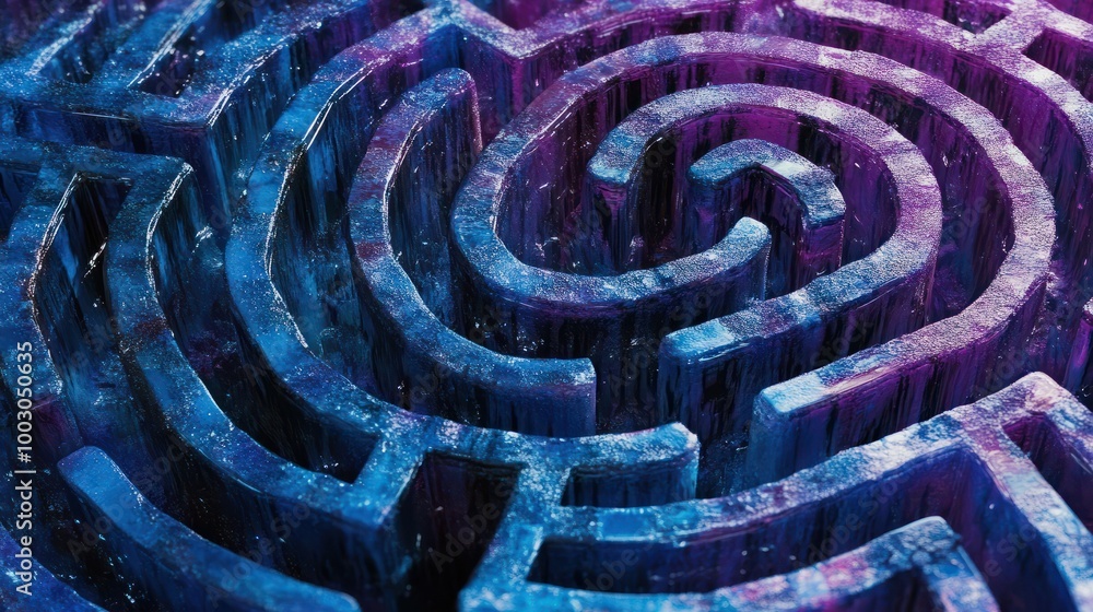 Poster a detailed close-up of a blue and purple maze showcasing the complex network of paths and the diffic