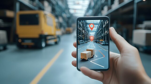 AR powered delivery tracking system in action at a busy urban environment, with virtual route markers and delivery status updates visible through AR glasses or a mobile device