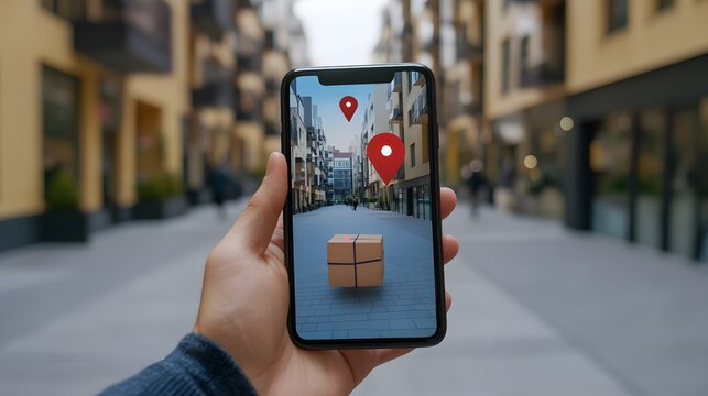 AR interface on a smartphone screen displaying real-time package tracking and pickup instructions, with virtual markers and delivery status updates superimposed over the real world