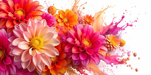 Obraz premium Floral Burst: A vibrant and captivating arrangement of pink and orange dahlias explodes with color, creating a stunning abstract display of nature's artistry.