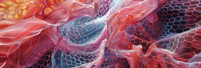 An abstract representation of a political tension. The art style tessellating textures resembling a web, weave or weft.