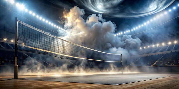 Epic Volleyball Showdown: Dramatic volleyball court engulfed in atmospheric smoke and intense stadium lighting, creating a breathtaking visual spectacle.  