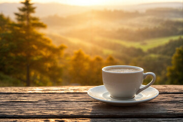 A cup of morning coffee on the desk. Coffee against a mountain landscape at dawn