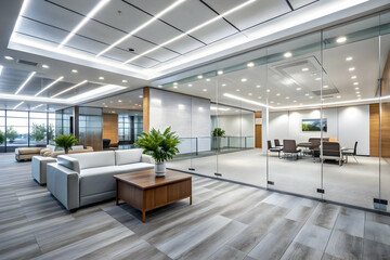 Fototapeta premium Modern Office Lobby: A spacious and inviting office lobby with stylish furniture, sleek glass partitions, and natural light streaming in. The design exudes professionalism and modernity.
