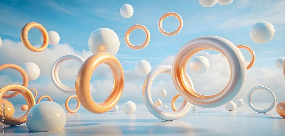 Poster floating circles and spheres in a dreamlike sky: a mesmerizing abstract composition with floating ri