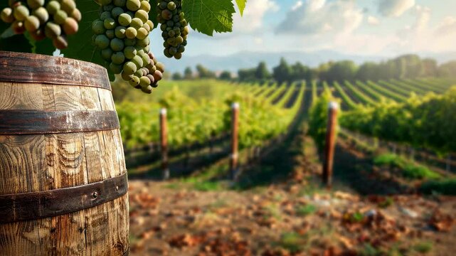 Static shot of a vineyard with wooden barrel and hanging grape clusters in foreground. rows of lush grapevines stretch into distance under bright, partly cloudy sky.