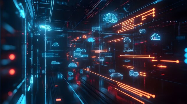 A futuristic digital image of cloud data storage infrastructure with neon lights, representing the dynamic flow of data in cloud computing systems