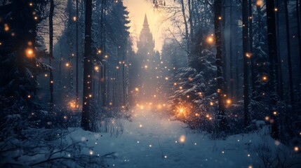 A magical winter forest with snow covered trees, shimmering fairy lights, and a hidden enchanted castle in the distance, during twilight