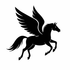 a black and white silhouette of a pegasus, a mythical creature with wings. The horse is in a galloping position, with its body stretched