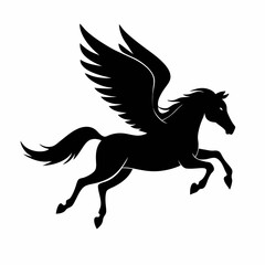 a black and white silhouette of a pegasus, a mythical creature with wings. The horse is in a galloping position, with its body stretched