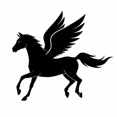 a black and white silhouette of a pegasus, a mythical creature with wings. The horse is in a galloping position, with its body stretched