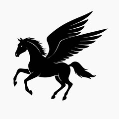 a black and white silhouette of a pegasus, a mythical creature with wings. The horse is in a galloping position, with its body stretched