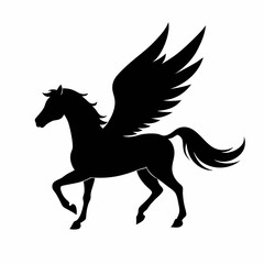 a black and white silhouette of a pegasus, a mythical creature with wings. The horse is in a galloping position, with its body stretched