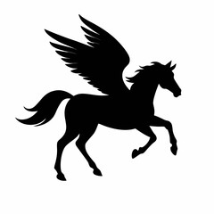 a black and white silhouette of a pegasus, a mythical creature with wings. The horse is in a galloping position, with its body stretched
