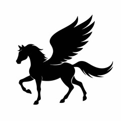 a black and white silhouette of a pegasus, a mythical creature with wings. The horse is in a galloping position, with its body stretched