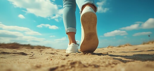 A pair of feet wearing white sneakers walk on a sandy beach with blue sky and clouds.