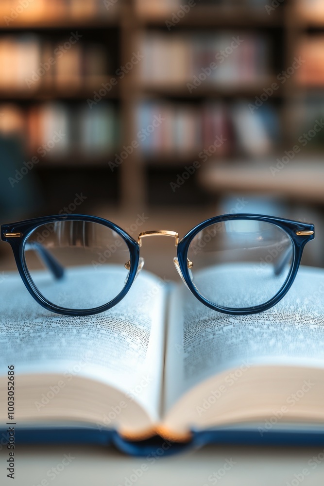 Poster glasses resting on an open book in a library setting during daytime