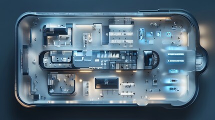Complex floor plan for a futuristic research facility, featuring specialized labs, high-tech equipment, and collaborative research spaces