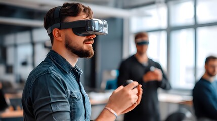 A person wearing a VR headset and interacting with a virtual environment, highlighting the immersive experience and possibilities of virtual reality technology