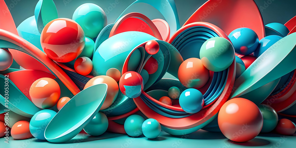 Poster abstract 3d sphere and curve composition: a dynamic and vibrant 3d composition featuring a captivati