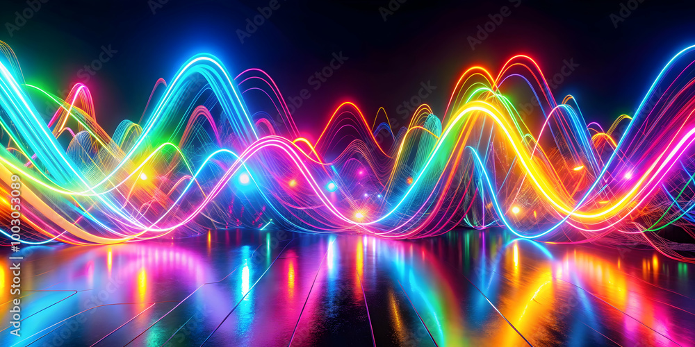 Poster neon waves of color: a mesmerizing abstract backdrop of vibrant neon lines intertwining and dancing 