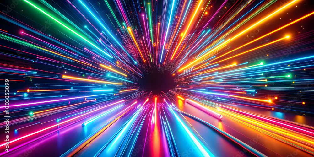 Poster neon explosion: a vibrant burst of multicolored neon lights explodes from the center, creating a dyn