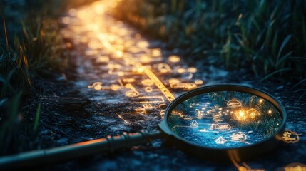 A whimsical vision board where a magnifying glass reveals hidden milestones on a roadmap leading to a glowing destination