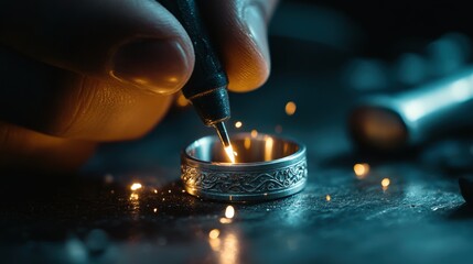 A skilled jewelry designer is focused on engraving intricate patterns into a silver ring using a precision tool. The workshop is filled with a warm glow as sparks fly