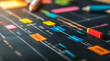 Colorful timeline with sticky notes and markers, ideal for project management and planning visuals.