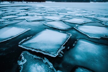 Beautifully arranged chunks of clear ice float across the expansive, pristine surface of a tranquil frozen lake stretched beneath an overcast sky, serene and cold.