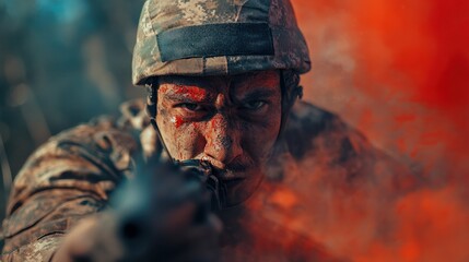 Obraz premium Action-packed paintball competition featuring a man in military gear participating in outdoor training and adventure challenges in a natural setting